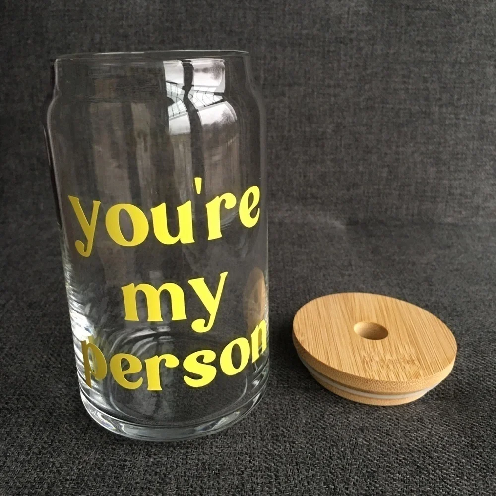 LAST CHANCE! “you’re my person” Glass Cup with Wooden Seal Top, Clear, Yellow